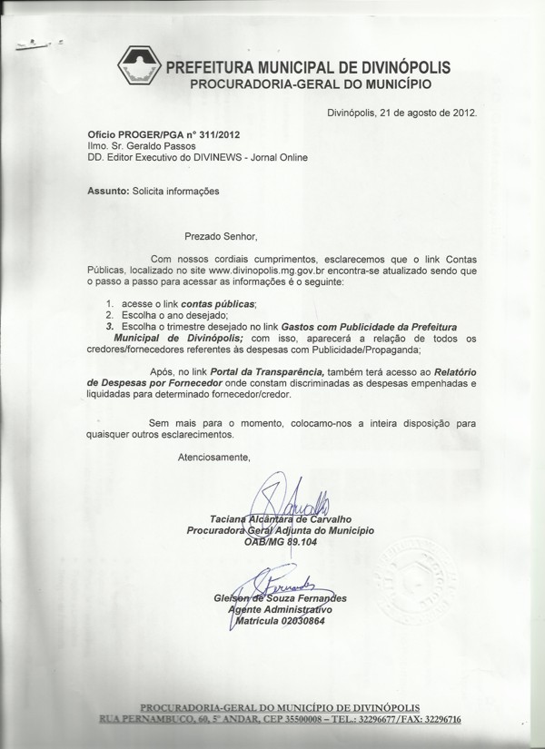 Divinews recorre ao Ministério Público para obter informações - Governo Vladimir Azevedo (PSDB) escamoteia informações sobre gastos de publicidade resposta publicidade